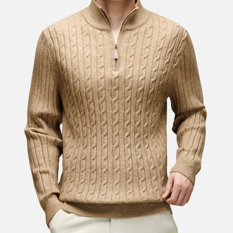 Ellie - Stilvoller Herrenpullover mit halbem Reißverschluss, Zopfmuster und Rollkragen