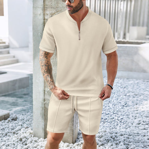Dennis - Lässiges, atmungsaktives Set aus Hemd mit Reißverschluss und Shorts für Herren