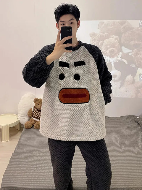 Benito - Fleece-Pyjama-Set mit gesticktem Cartoon-Gesicht für Männer