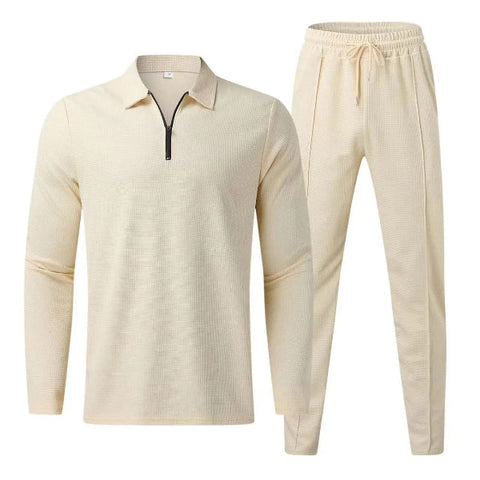 Nathaniel - Stilvolles Set aus langärmeligem Polohemd mit Reißverschluss und Hose für Herren